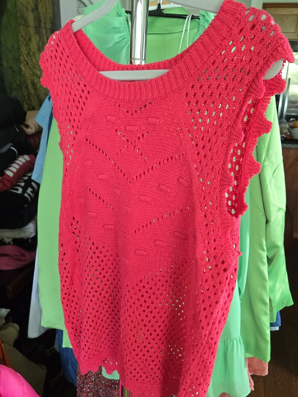 Cyrus Hot Pink Crochet Knit Sleeveless Sweater Tank